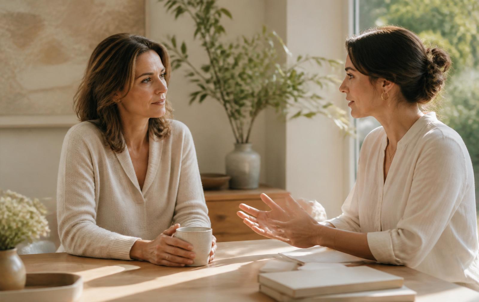Woman speaking with a clinician in a calm consultation setting